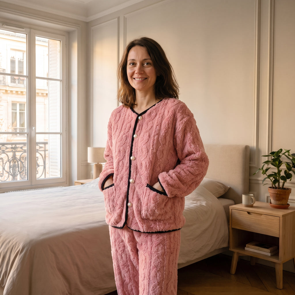 Femme portant le pyjama rose torsadé dans une chambre claire