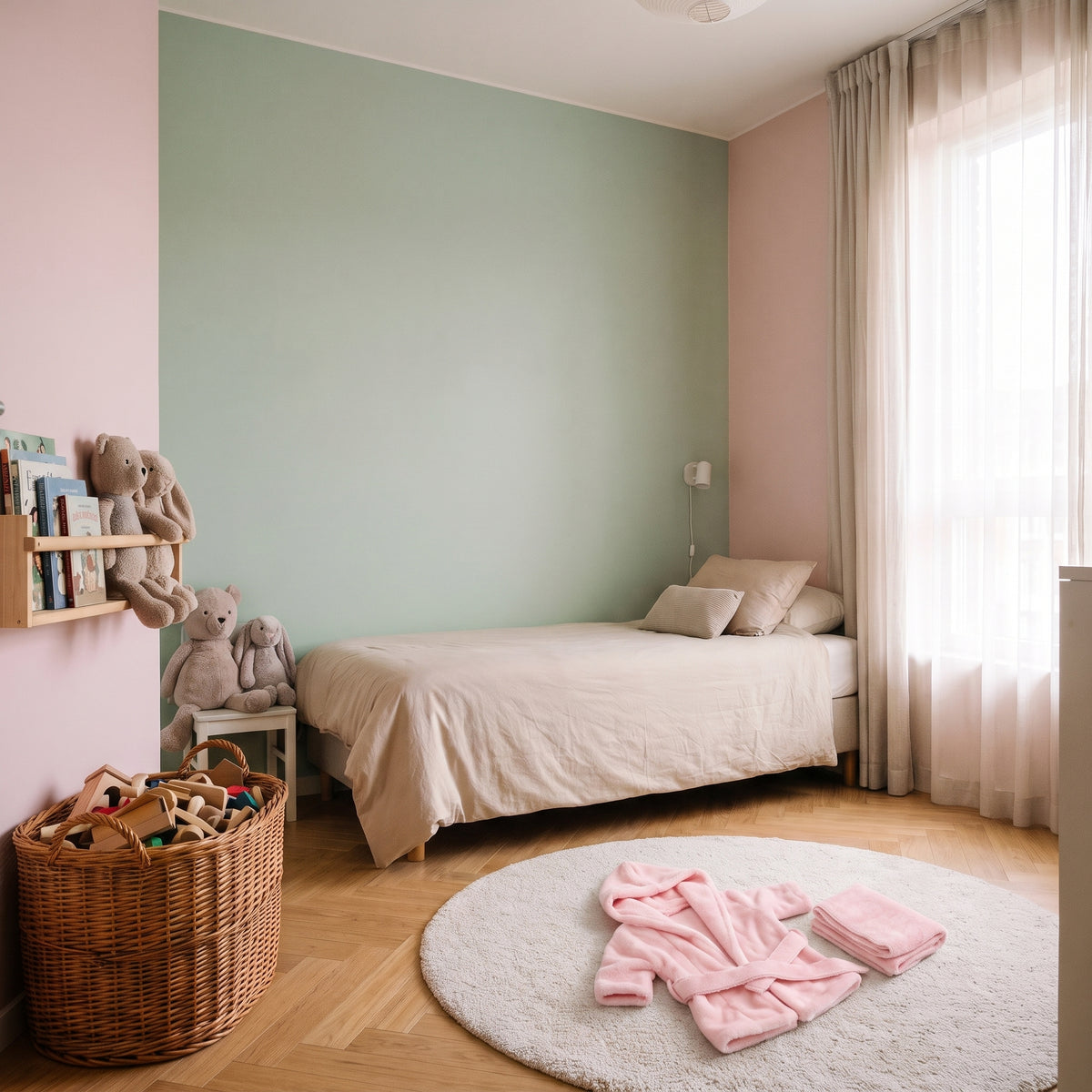 Peignoir de bain bébé rose à capuche et sa serviette, dépliés sur le tapis de la chambre d'enfant