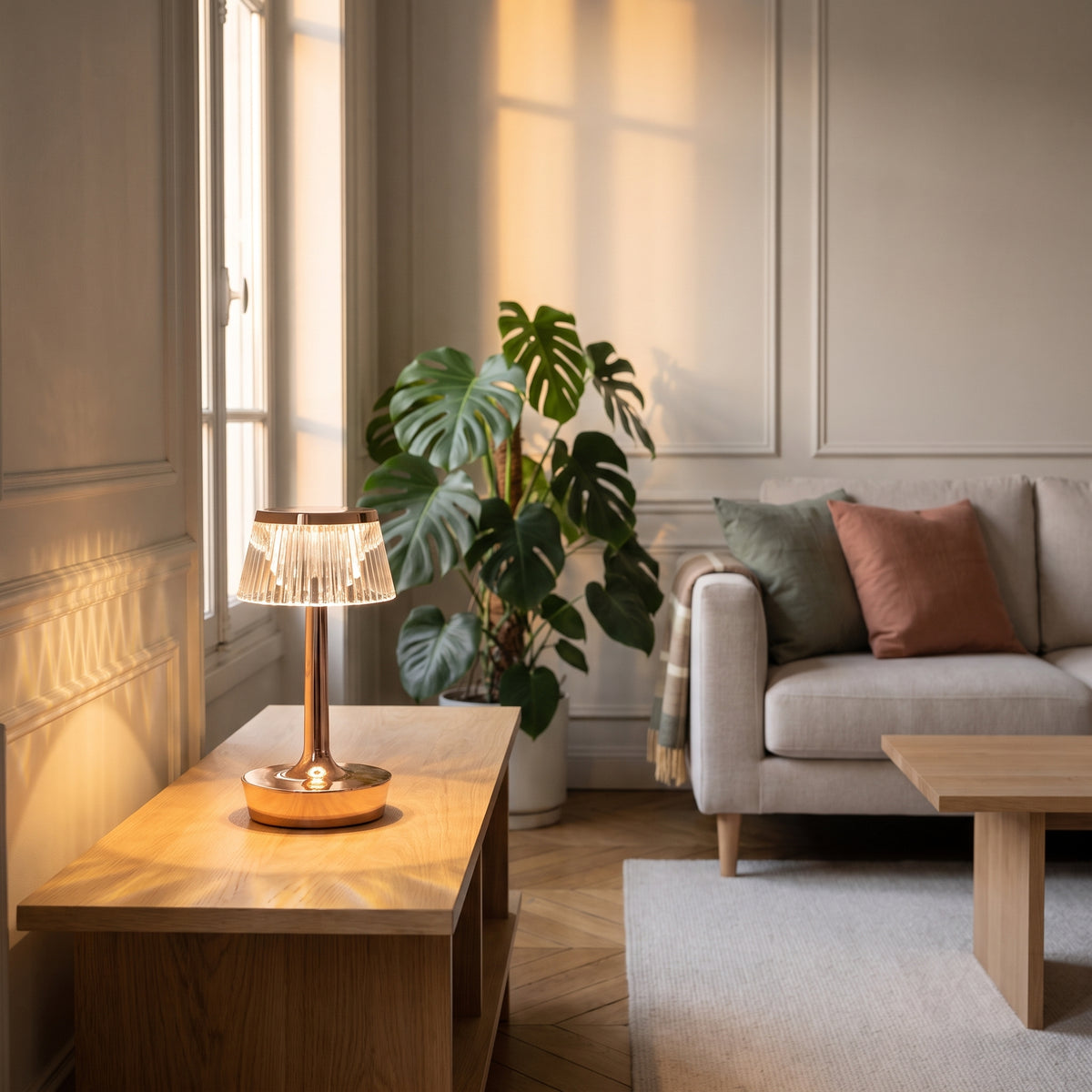 Lampe de chevet LED tactile rose allumée dans le salon