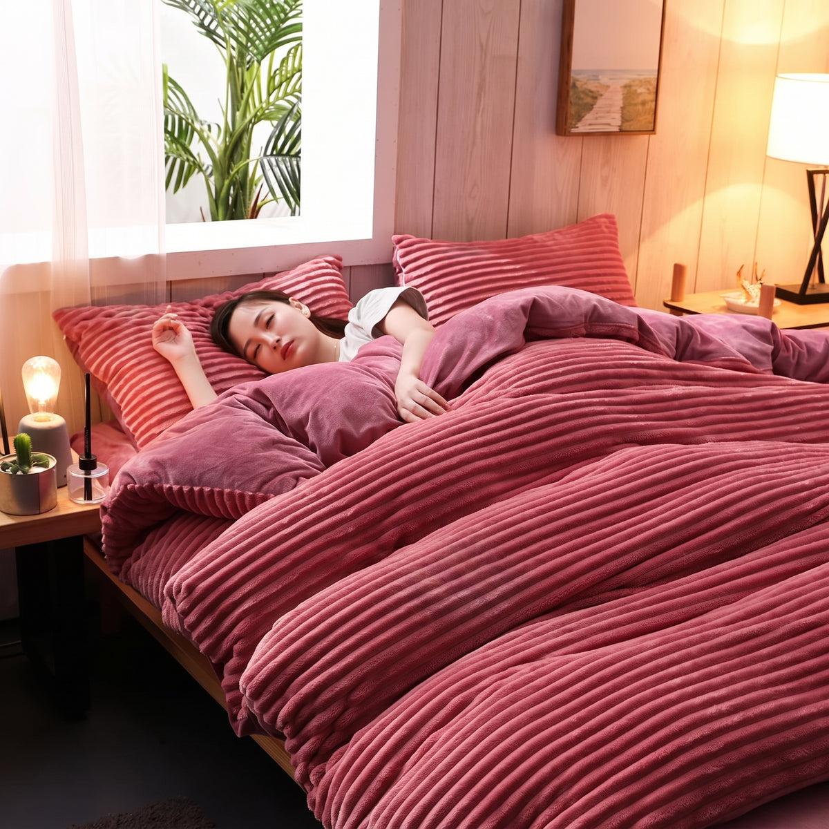Parure de lit côtelée, option rose uni, présentée sur un lit
