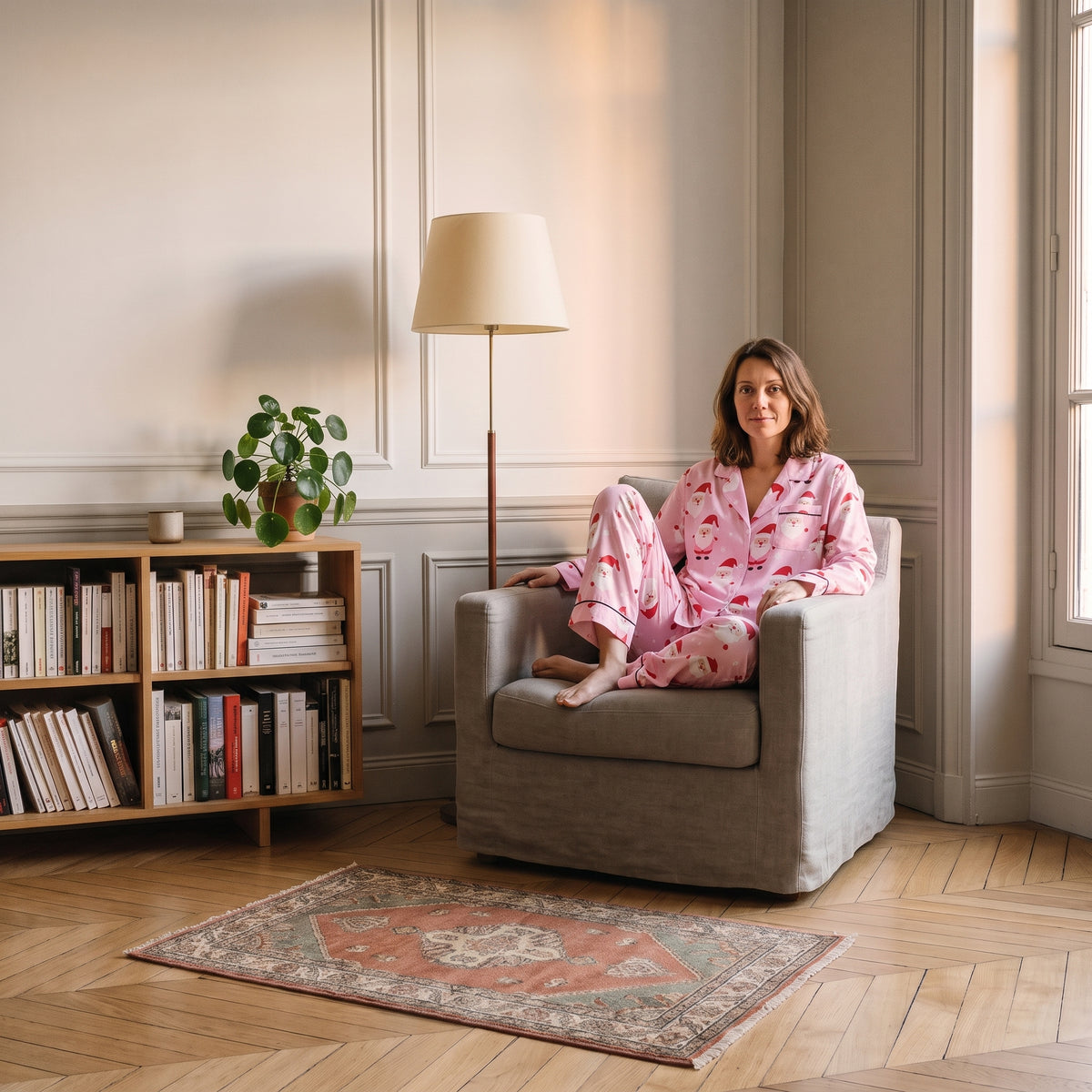 Pyjama de Noël femme rose porté dans un fauteuil de lecture