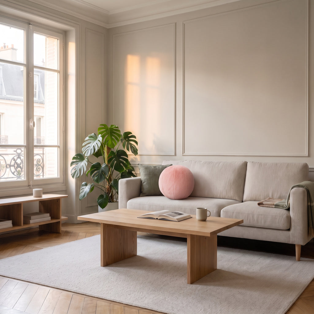 Coussin rond nordique en velours rose, posé sur un canapé clair