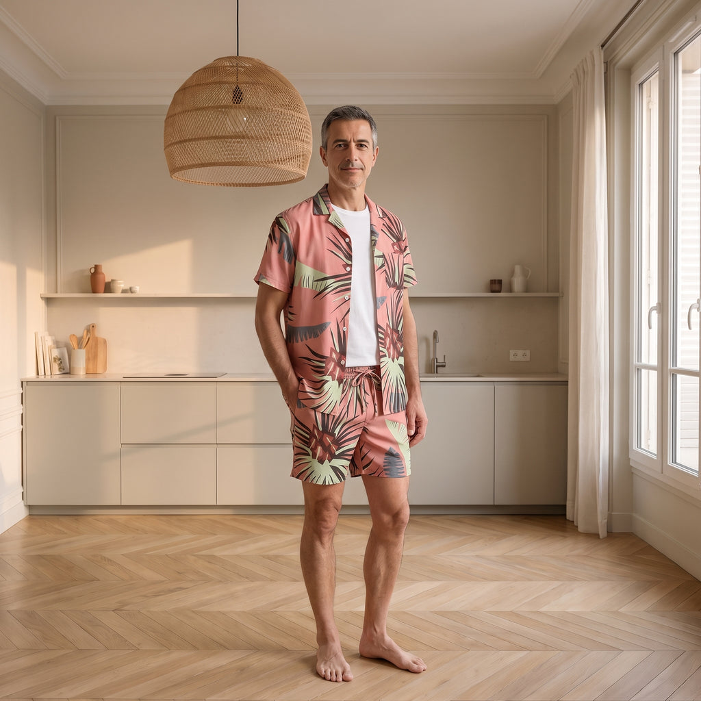 Ensemble chemise et short rose porté en pied