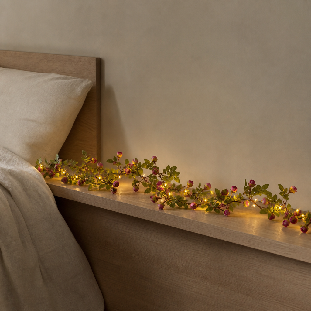 Guirlande lumineuse à boutons de roses soutenues sur une console en bois