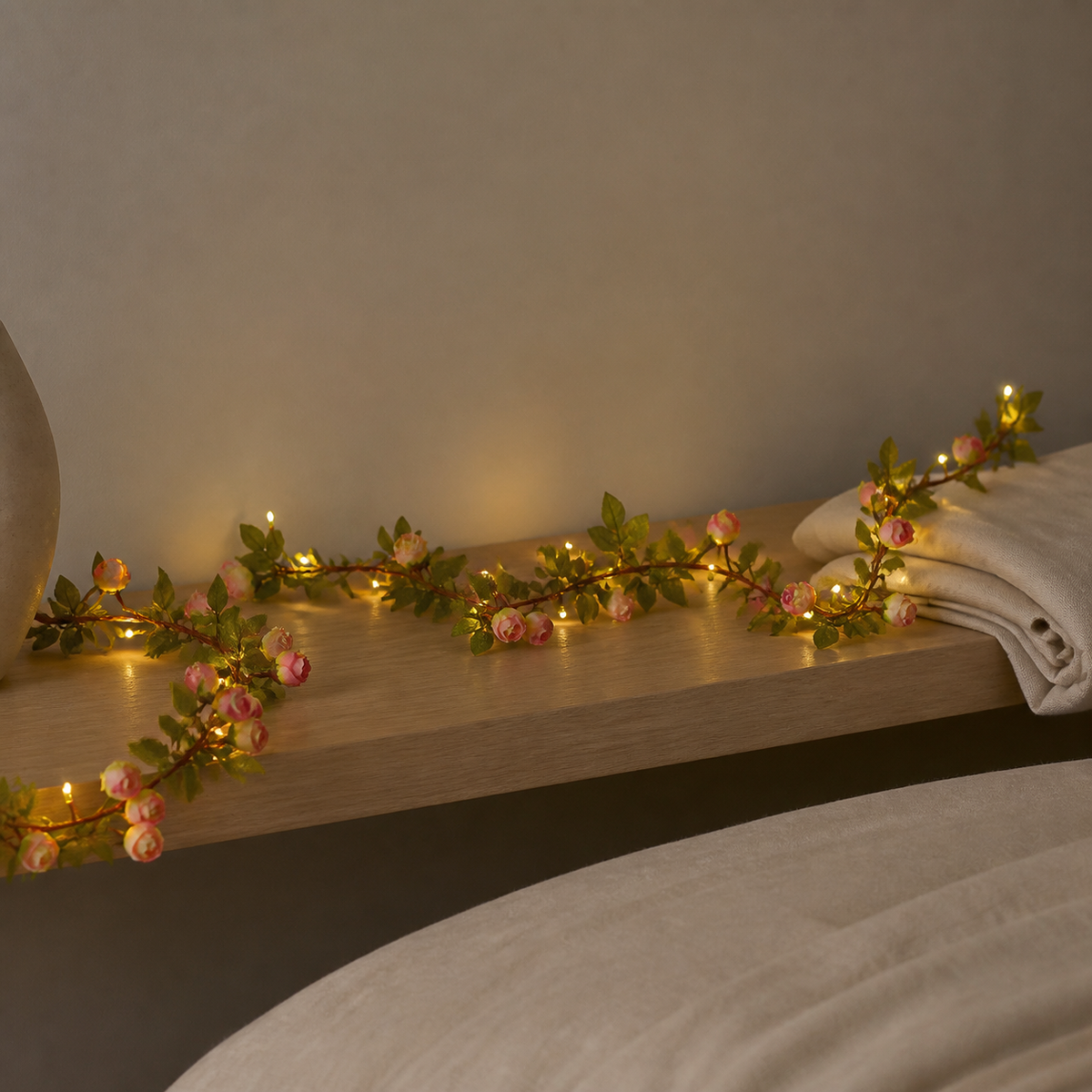 Guirlande lumineuse à boutons de roses pâles le long d'une étagère