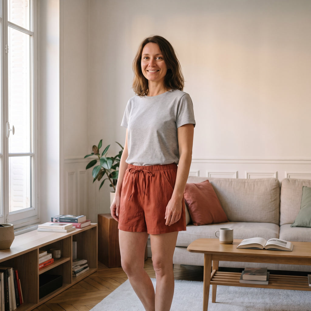Short femme en coton et lin rouge porté dans un salon