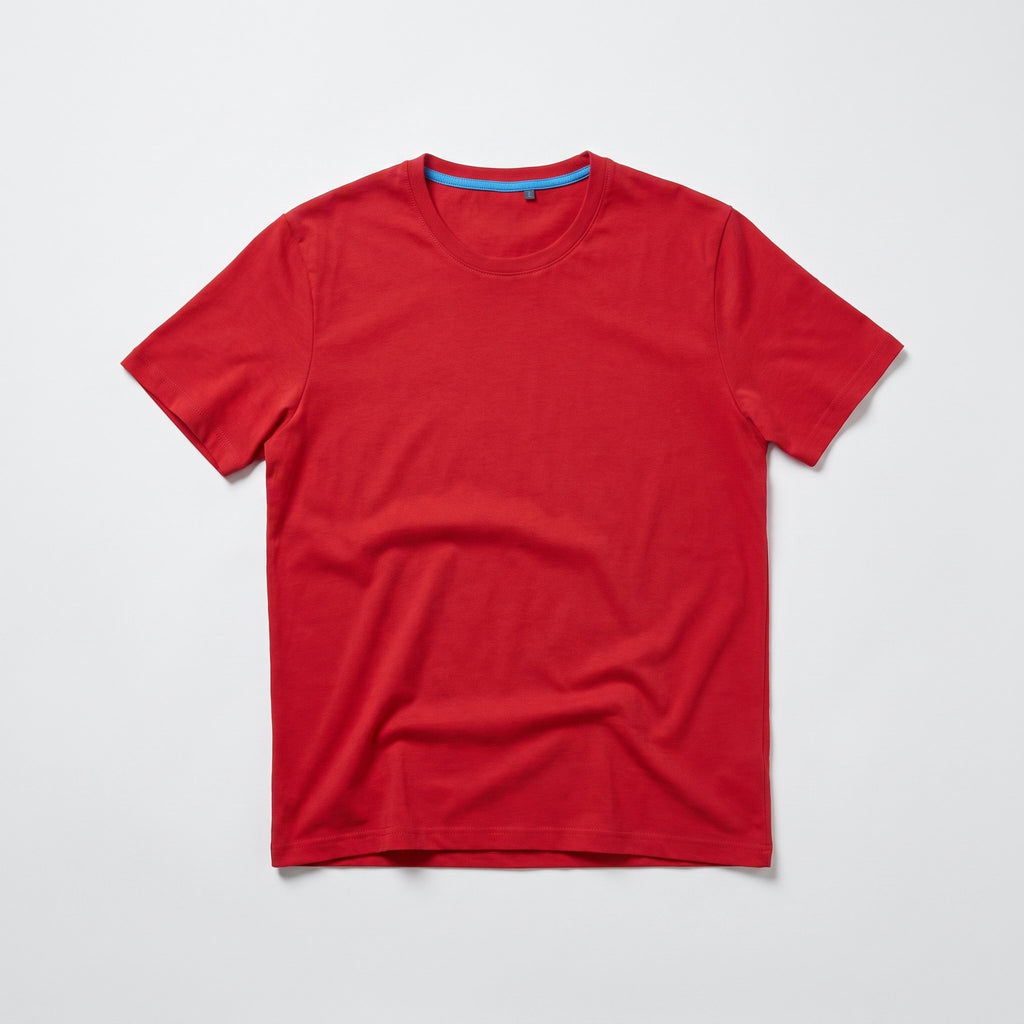 T-shirt rouge en coton posé à plat, vu du dessus