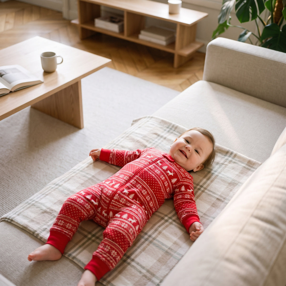 Bébé allongé sur le canapé en combinaison de Noël rouge à motifs rennes, modèle bébé