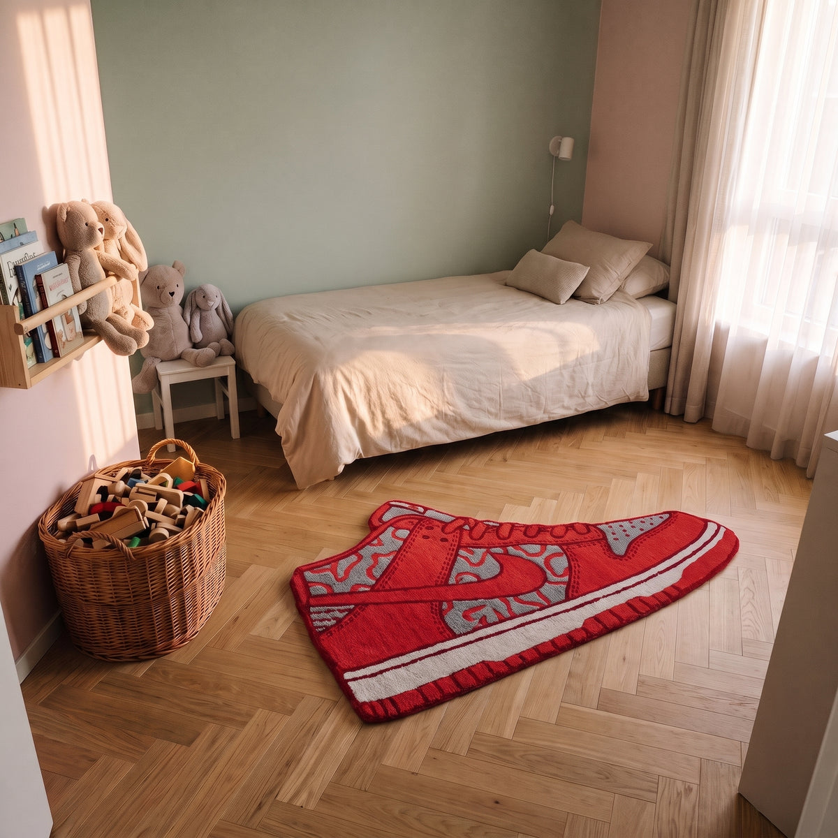Tapis enfant basket rouge à motif gris posé au sol