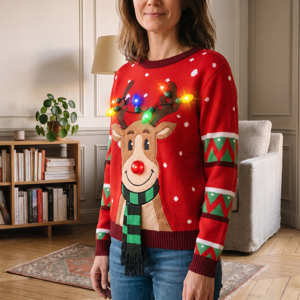 Détail du pull de Noël rouge à renne lumineux dans un coin lecture