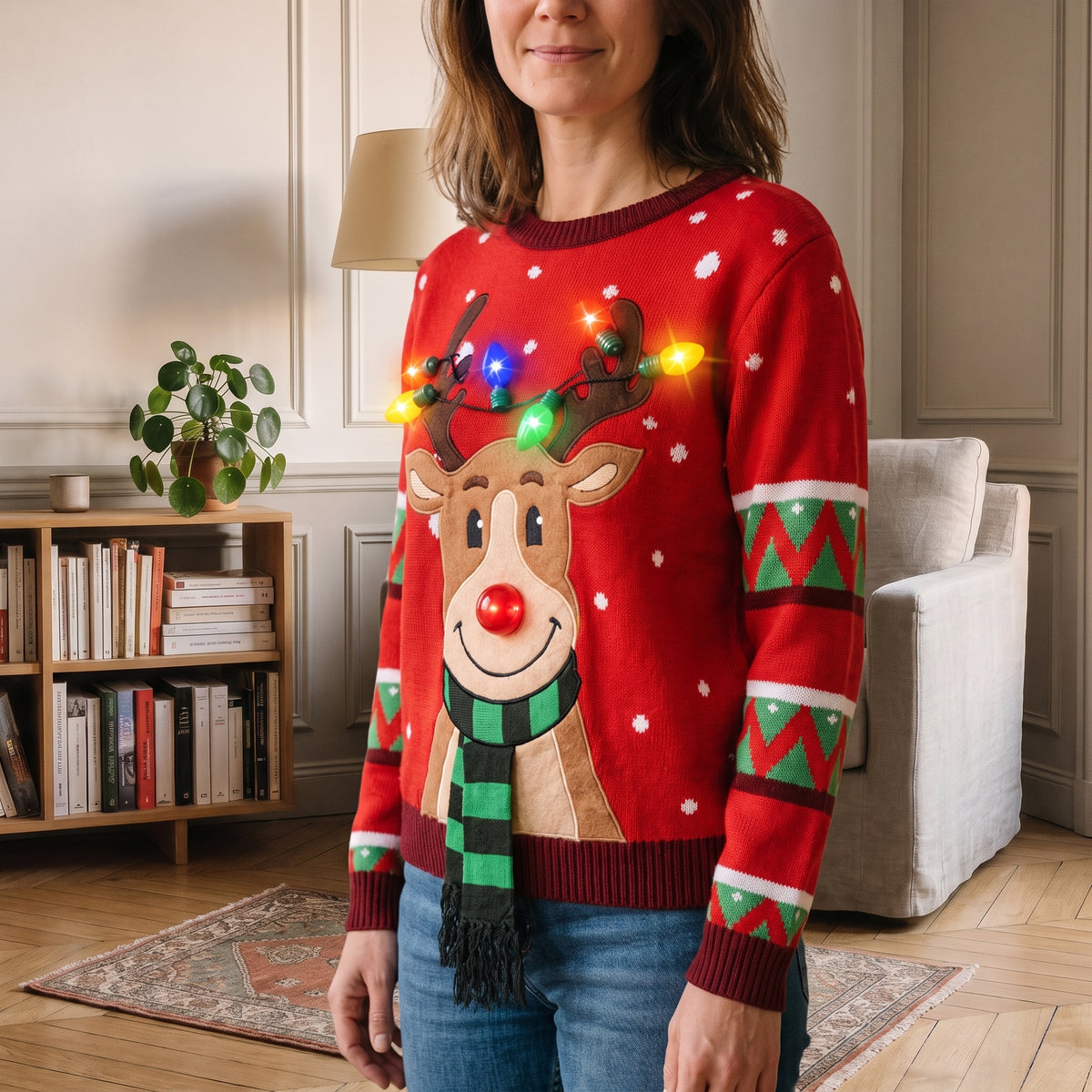 Détail du pull de Noël rouge à renne lumineux dans un coin lecture