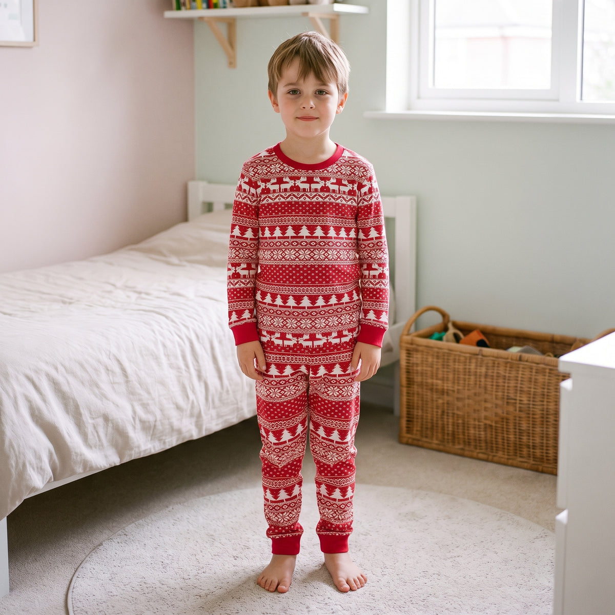 Pyjama de Noël rouge à motifs rennes porté par un enfant, modèle enfant