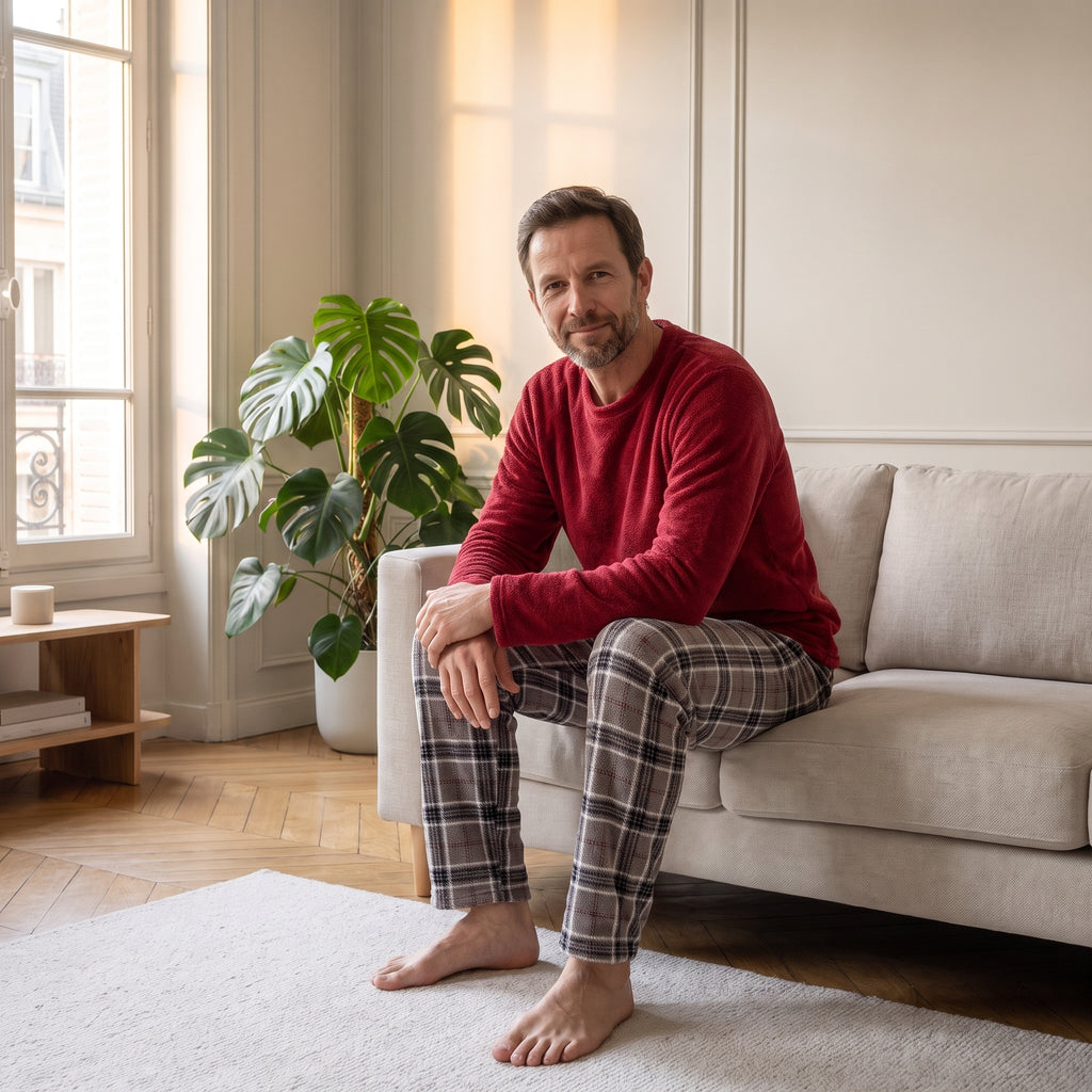 Homme assis sur le canapé, haut de pyjama polaire rouge bordeaux et pantalon à carreaux gris