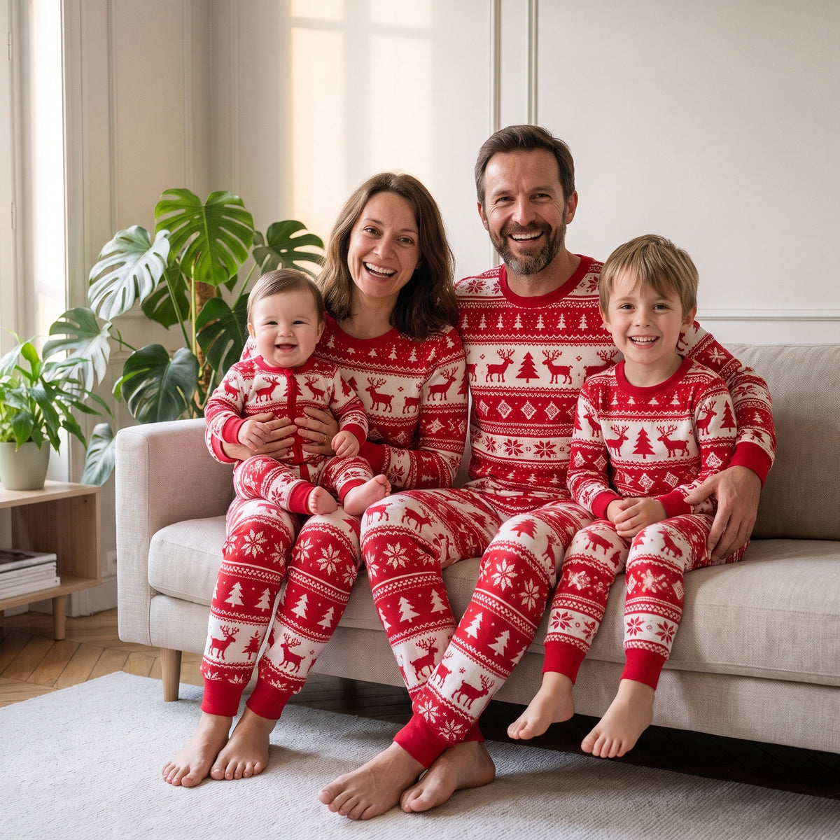 Famille réunie sur le canapé en pyjamas de Noël rouges à motifs rennes assortis