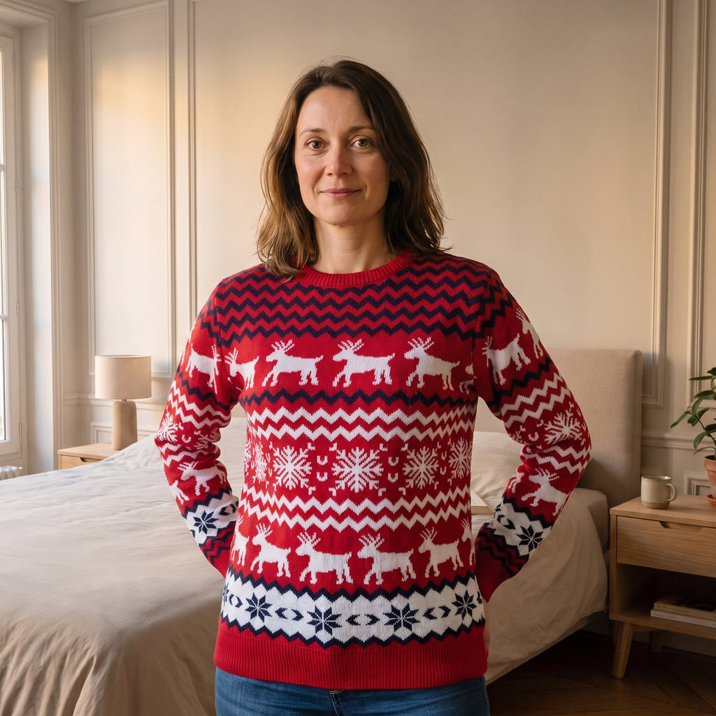 Pull de Noël rouge à rennes modèle femme porté dans la chambre