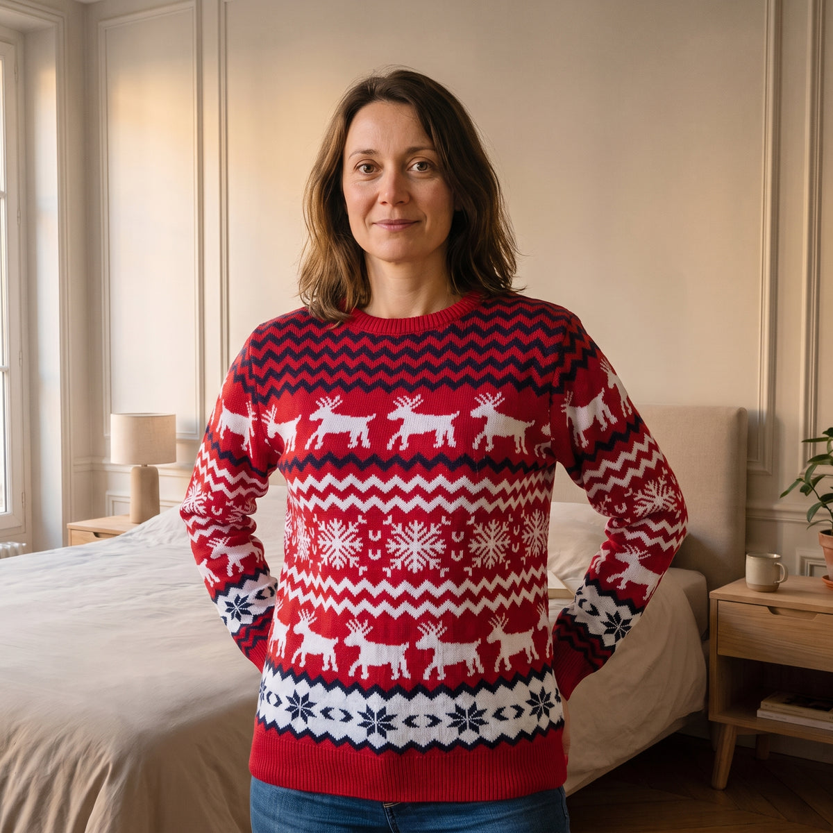 Pull de Noël rouge à rennes modèle femme porté dans la chambre