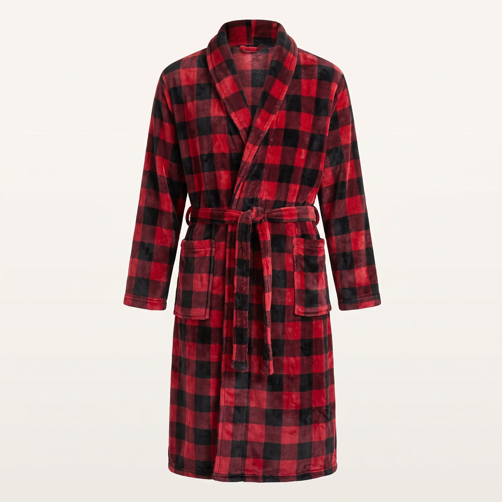 Robe de chambre homme rouge et noire à carreaux sur mannequin invisible