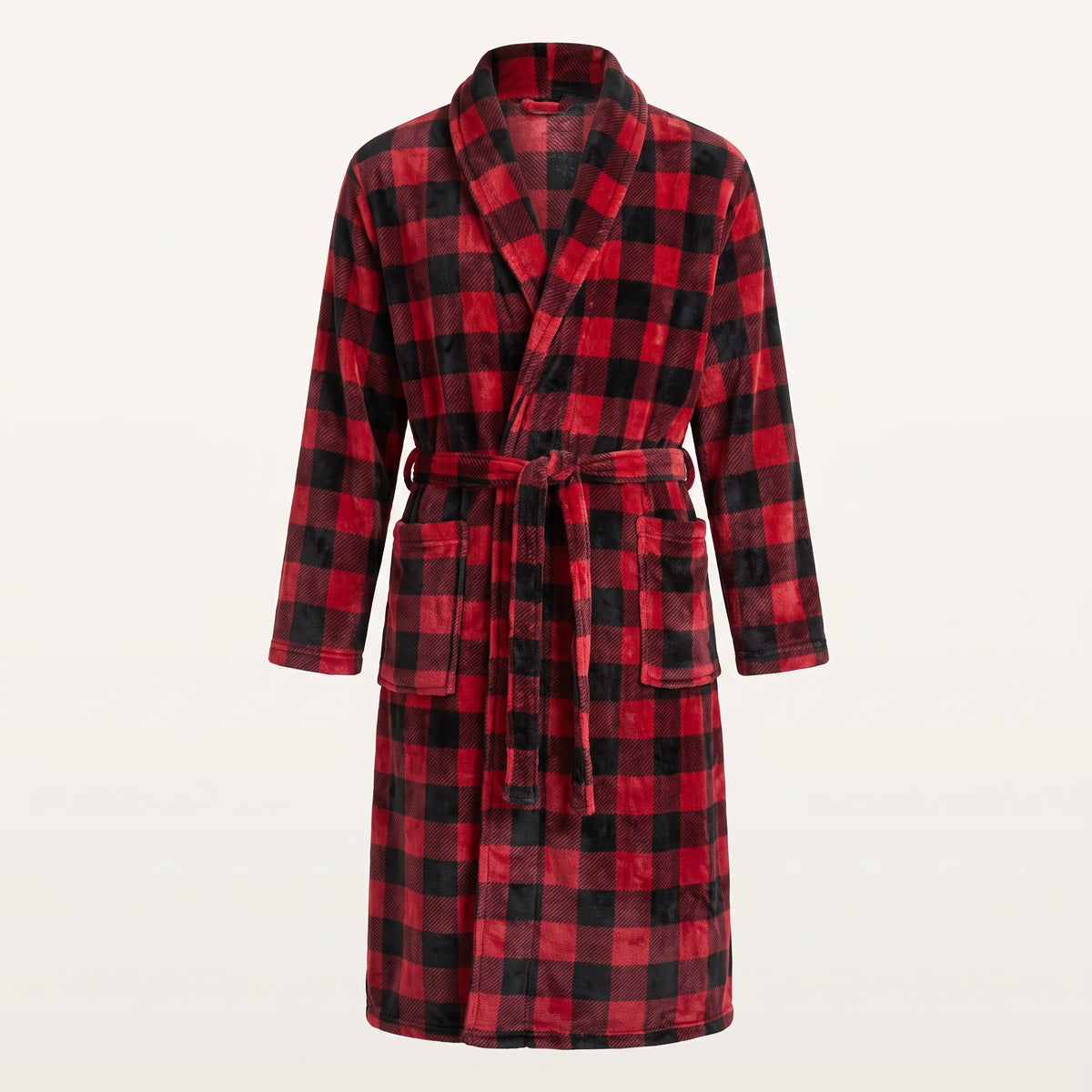 Robe de chambre homme rouge et noire à carreaux sur mannequin invisible