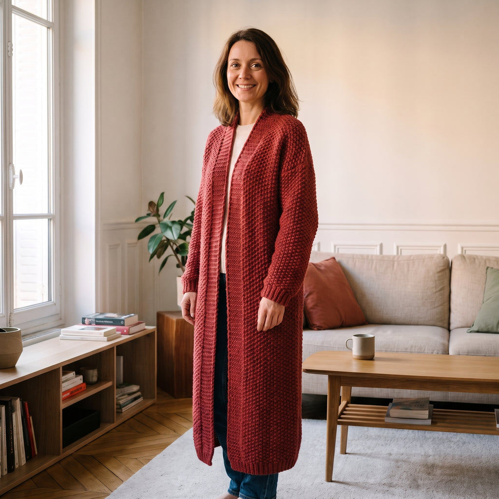 Cardigan long femme rouge porté