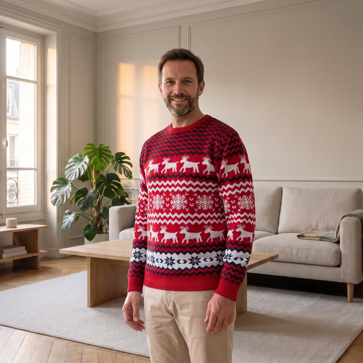 Pull de Noël rouge à petits rennes et chevrons modèle homme porté dans le salon