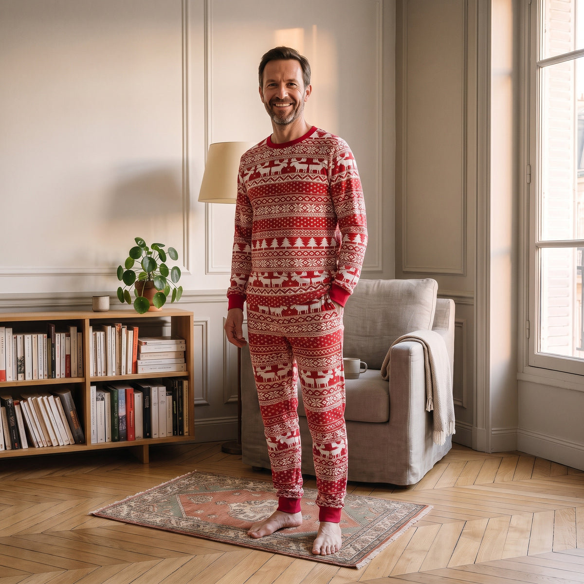 Pyjama de Noël rouge à motifs rennes porté par un homme, modèle homme