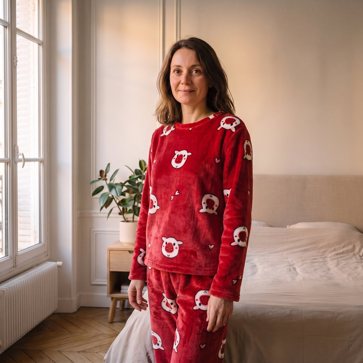 Femme portant le pyjama d'hiver rouge imprimé dans une chambre lumineuse