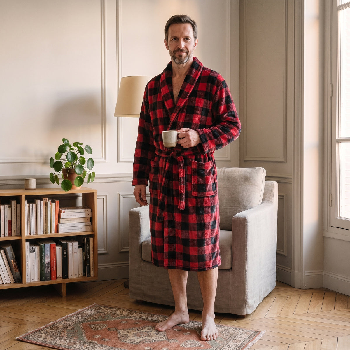 Homme du casting portant la robe de chambre rouge et noire dans un coin lecture