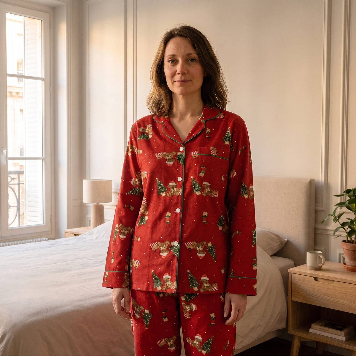 Pyjama de Noël femme rouge porté de près dans une chambre lumineuse