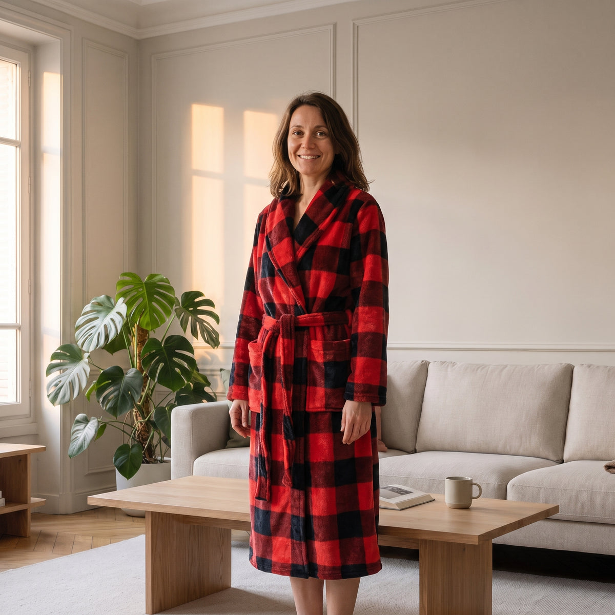 Robe de chambre polaire rouge et noir portée dans un salon lumineux