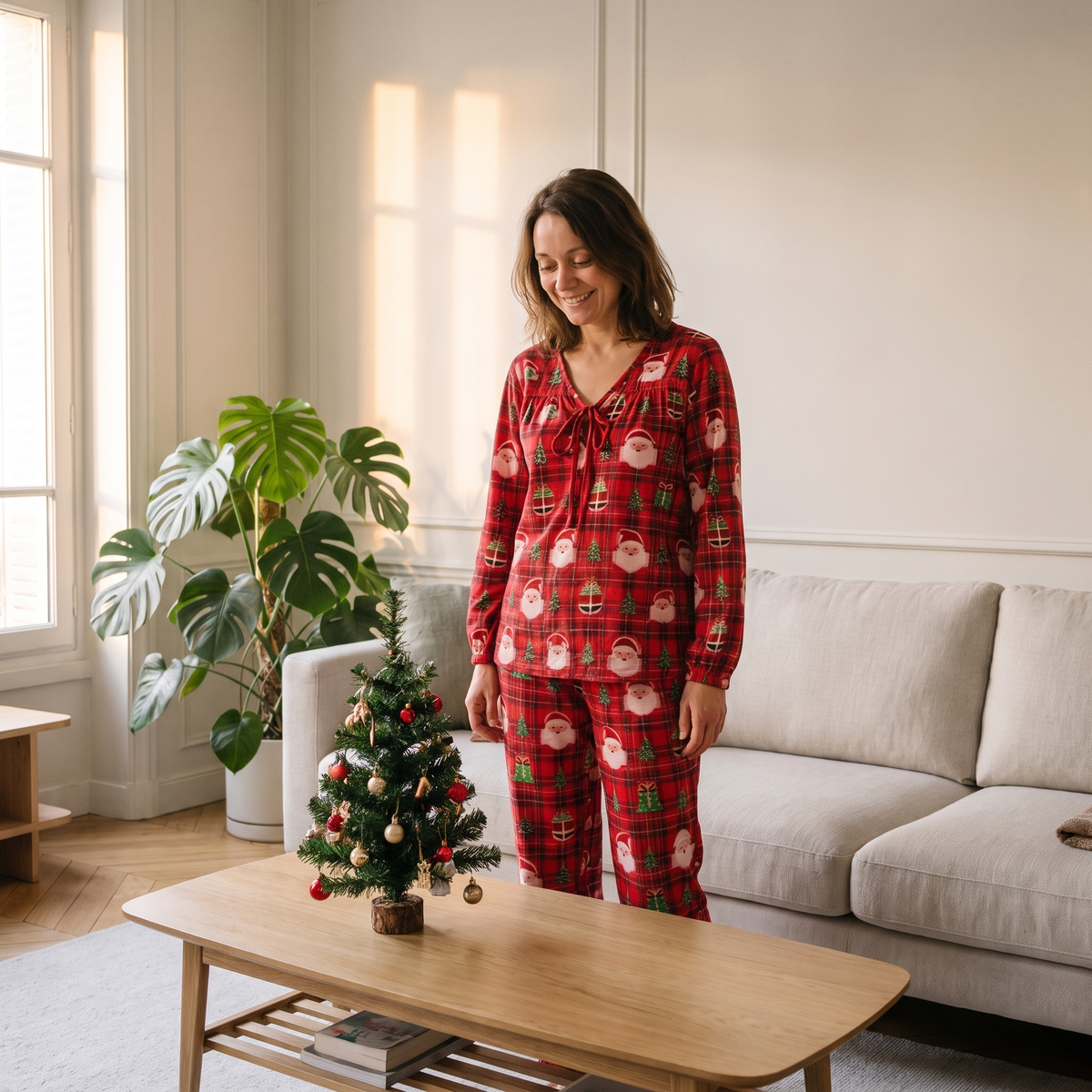 Pyjama de Noël femme rouge à carreaux et Père Noël porté dans le salon