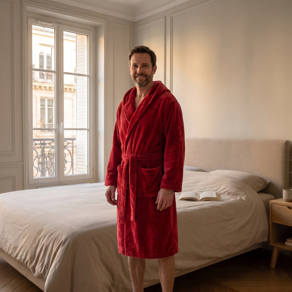 Homme du casting portant la robe de chambre Rouge à capuche dans la chambre