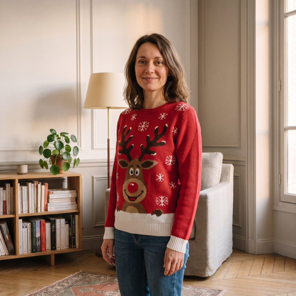 Pull de Noël femme rouge à grand renne porté dans un coin lecture