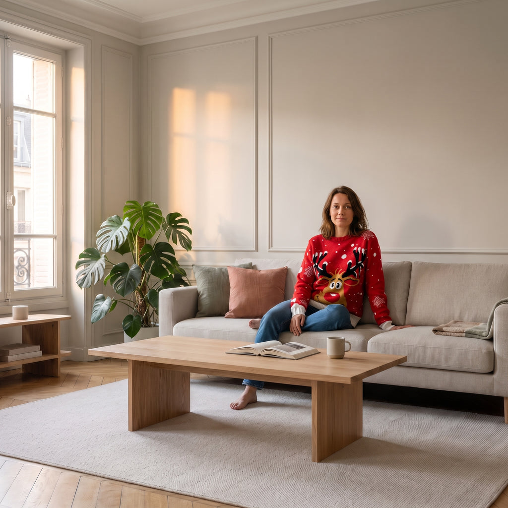 Pull de Noël femme rouge à grand renne porté au salon