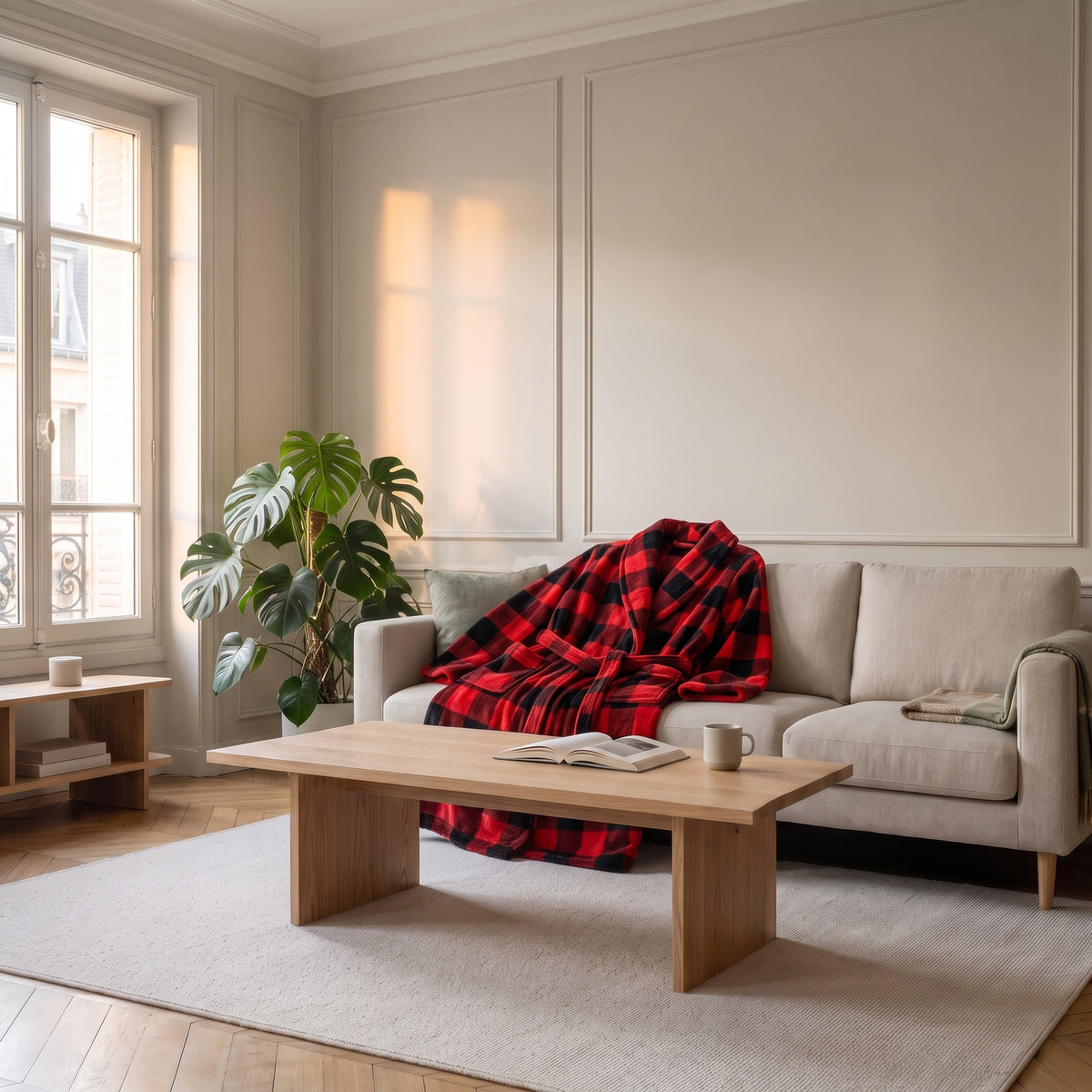 Robe de chambre polaire rouge et noir posée sur un canapé