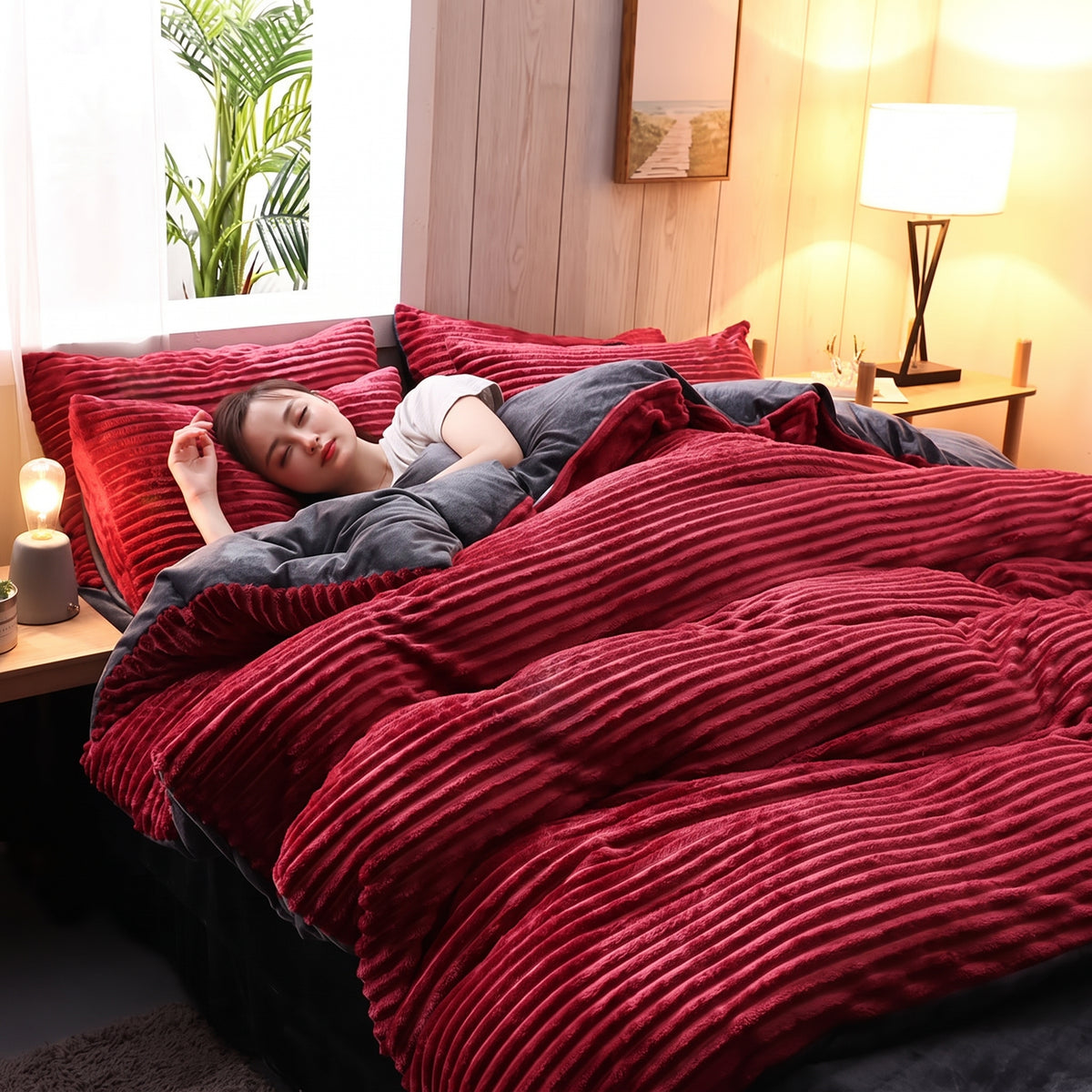 Parure de lit côtelée, option rouge uni, présentée sur un lit