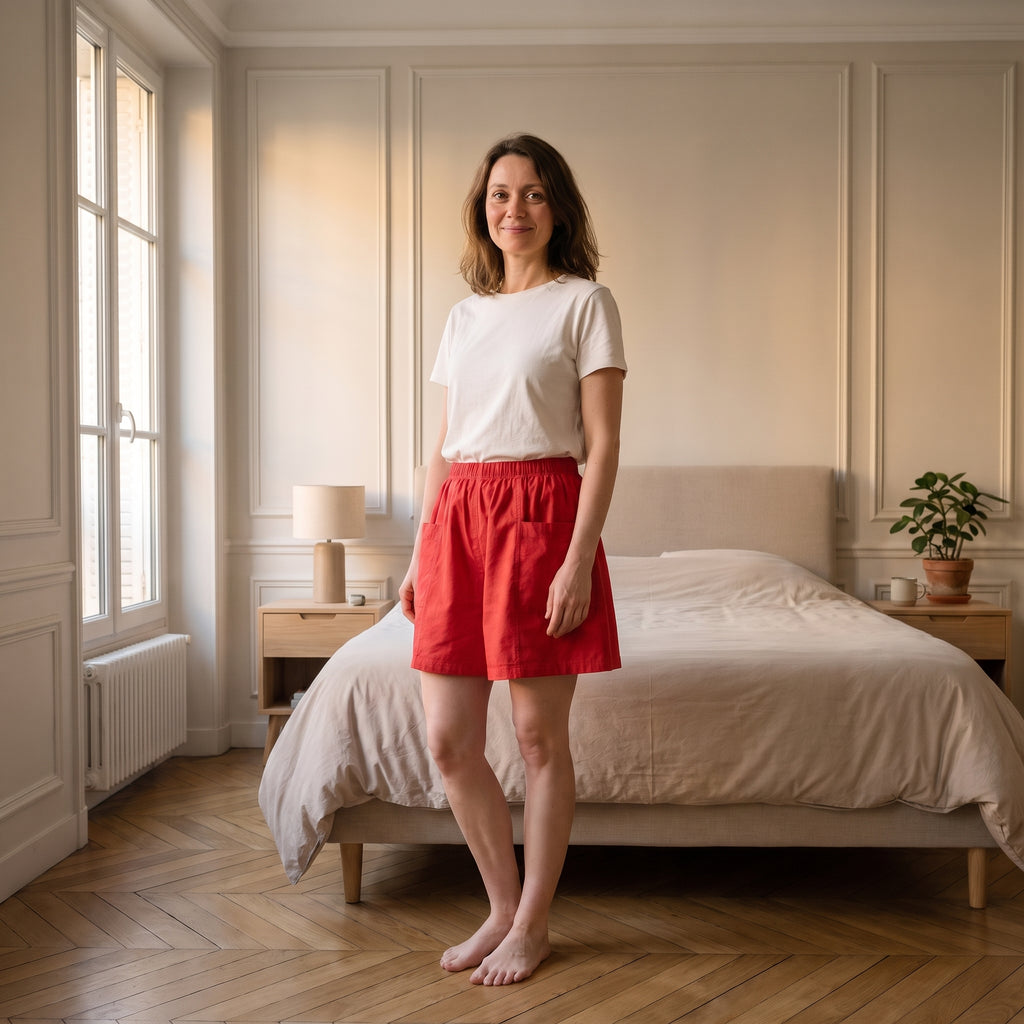 Short femme ample rouge porte en pied, visage entier dans le cadre