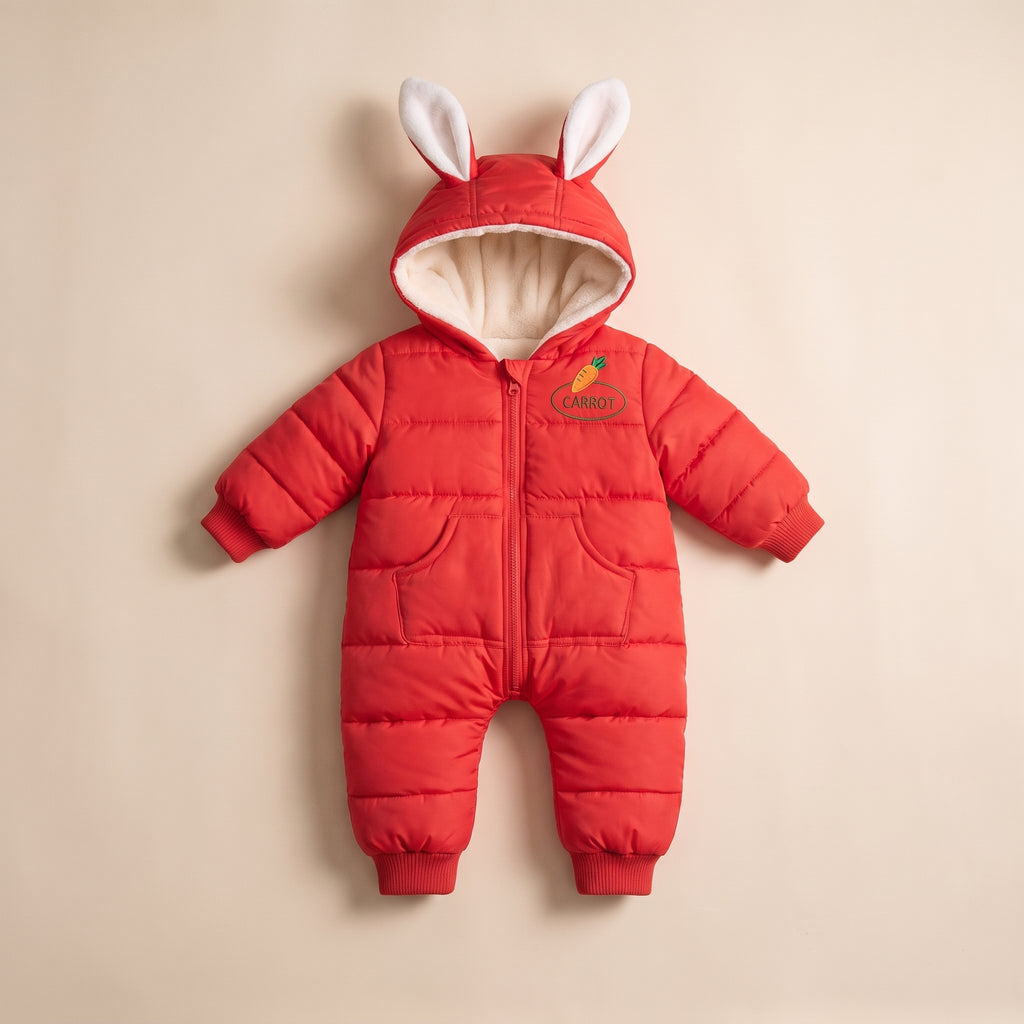 Combinaison doudoune bebe rouge a capuche oreilles de lapin, sur fond uni