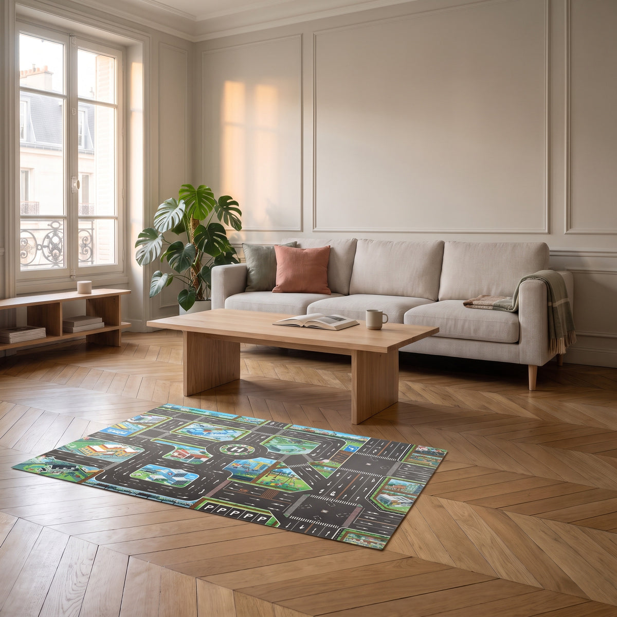 Tapis de jeu circuit voiture déroulé devant le canapé d'un salon