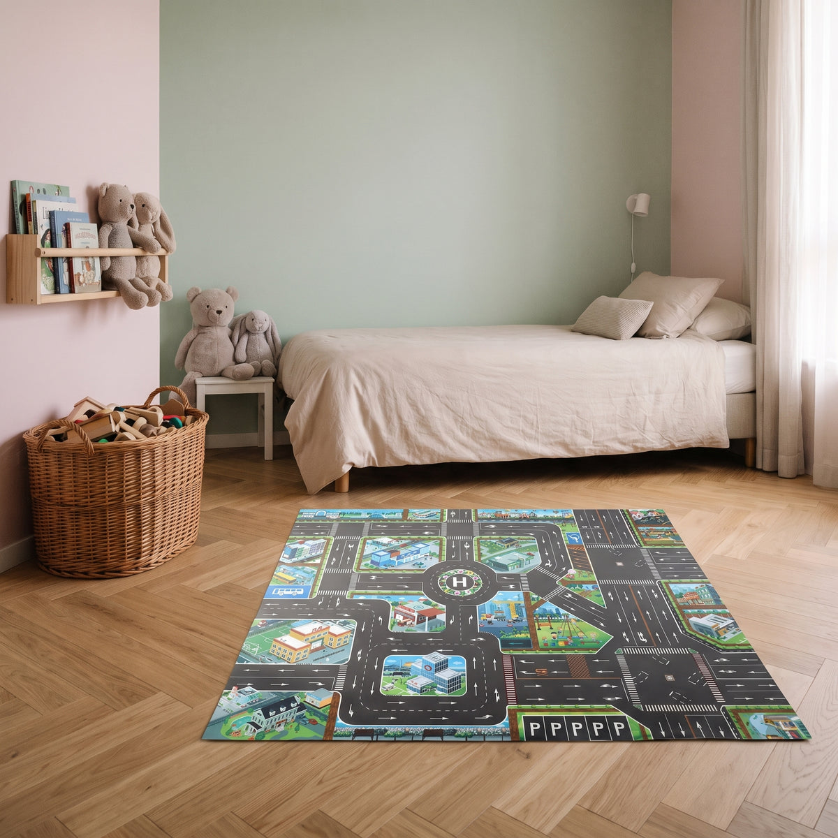 Tapis de jeu circuit voiture déroulé au pied d'un lit d'enfant