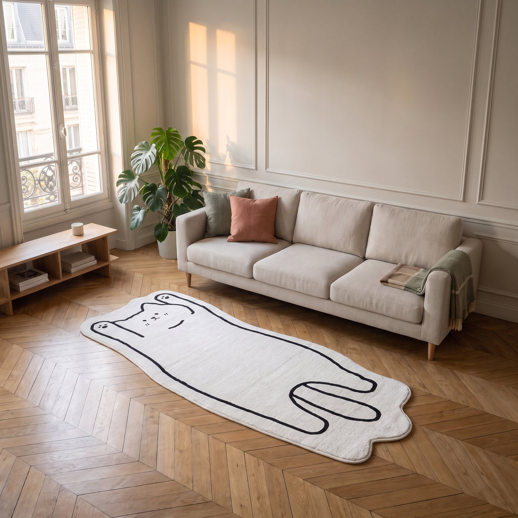 Tapis chat cartoon 60 x 160 cm devant un canapé au parquet clair