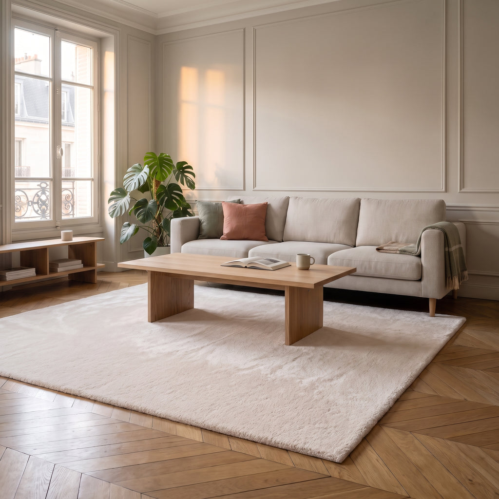 Tapis en fausse fourrure beige déroulé devant un canapé clair, sur un parquet en point de Hongrie