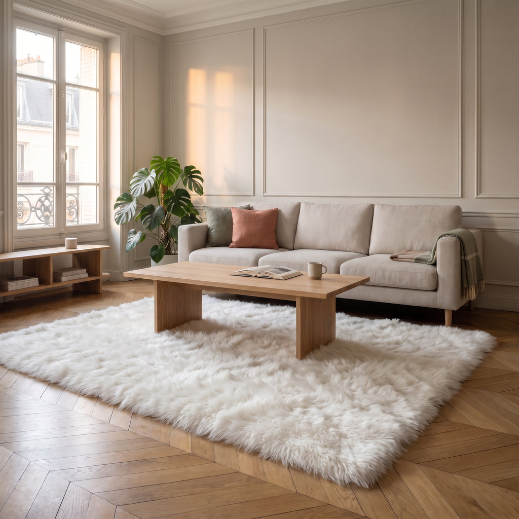 Tapis cocooning en fourrure extra longue, coloris blanc, sous une table basse de salon
