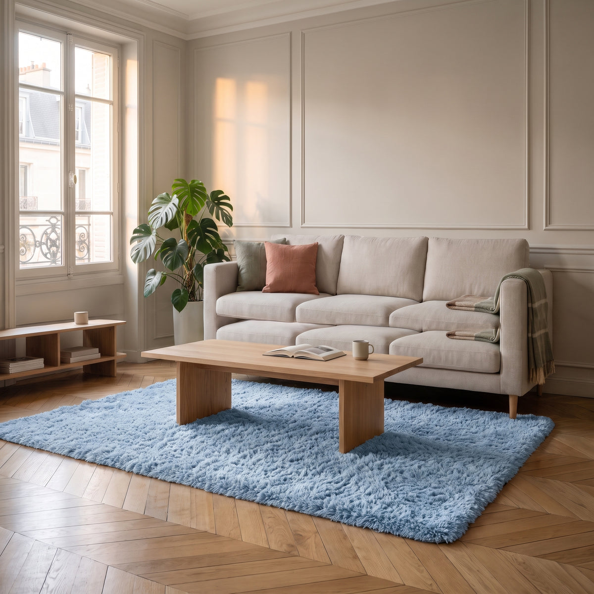 Grand tapis pelucheux nordique - salon - Bleu