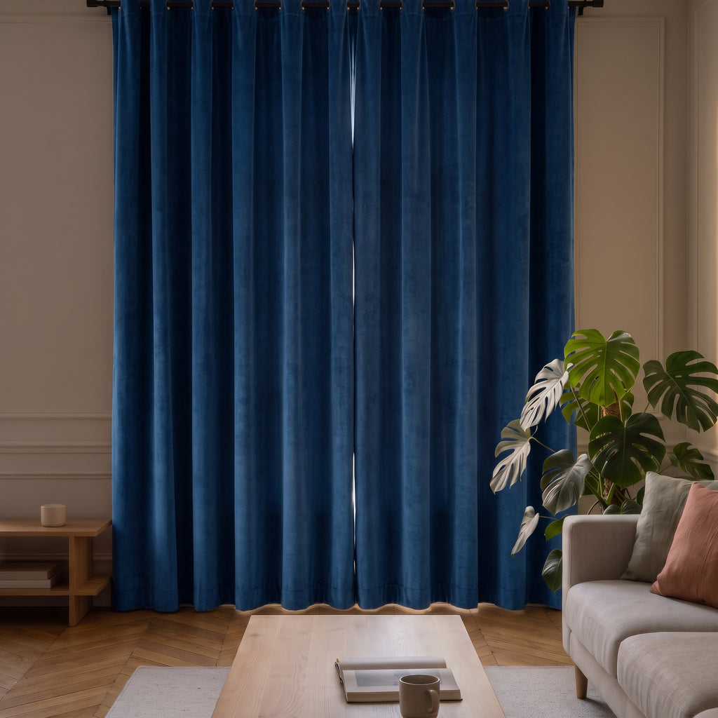 Rideau en velours bleu roi tiré sur toute la largeur d un salon