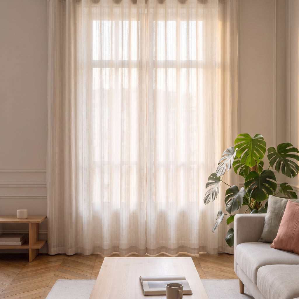 Voilage en coton et lin tiré sur toute la largeur d un salon