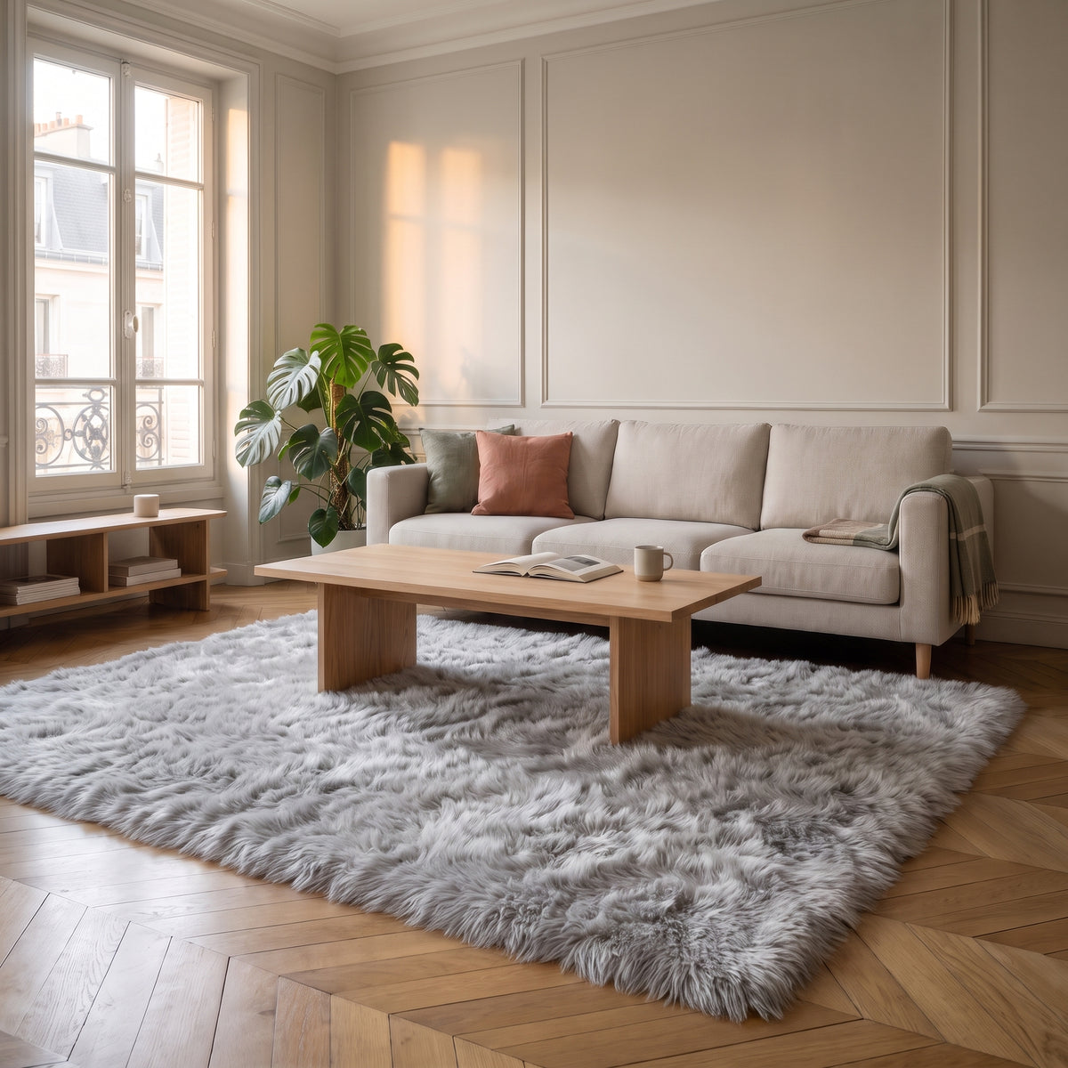 Tapis cocooning en fourrure extra longue, coloris gris, sous une table basse de salon