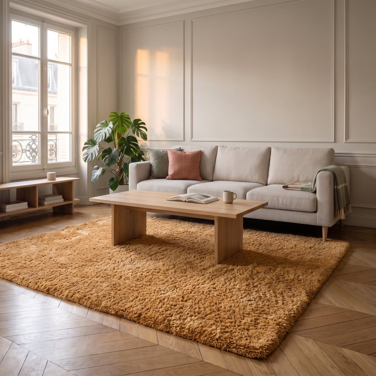 Grand tapis pelucheux nordique - salon - Jaune