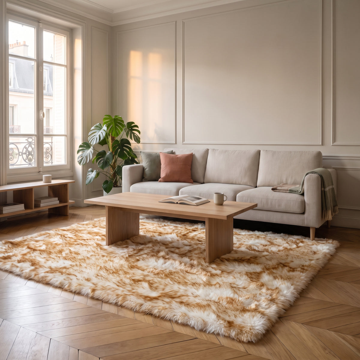 Tapis cocooning en fourrure extra longue, coloris marron dore, sous une table basse de salon
