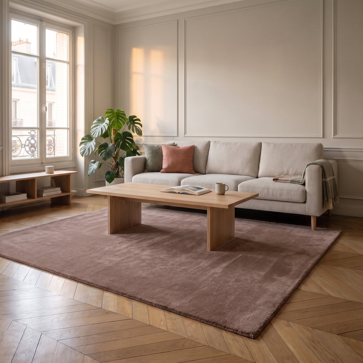 Tapis en fausse fourrure marron déroulé devant un canapé clair dans un salon