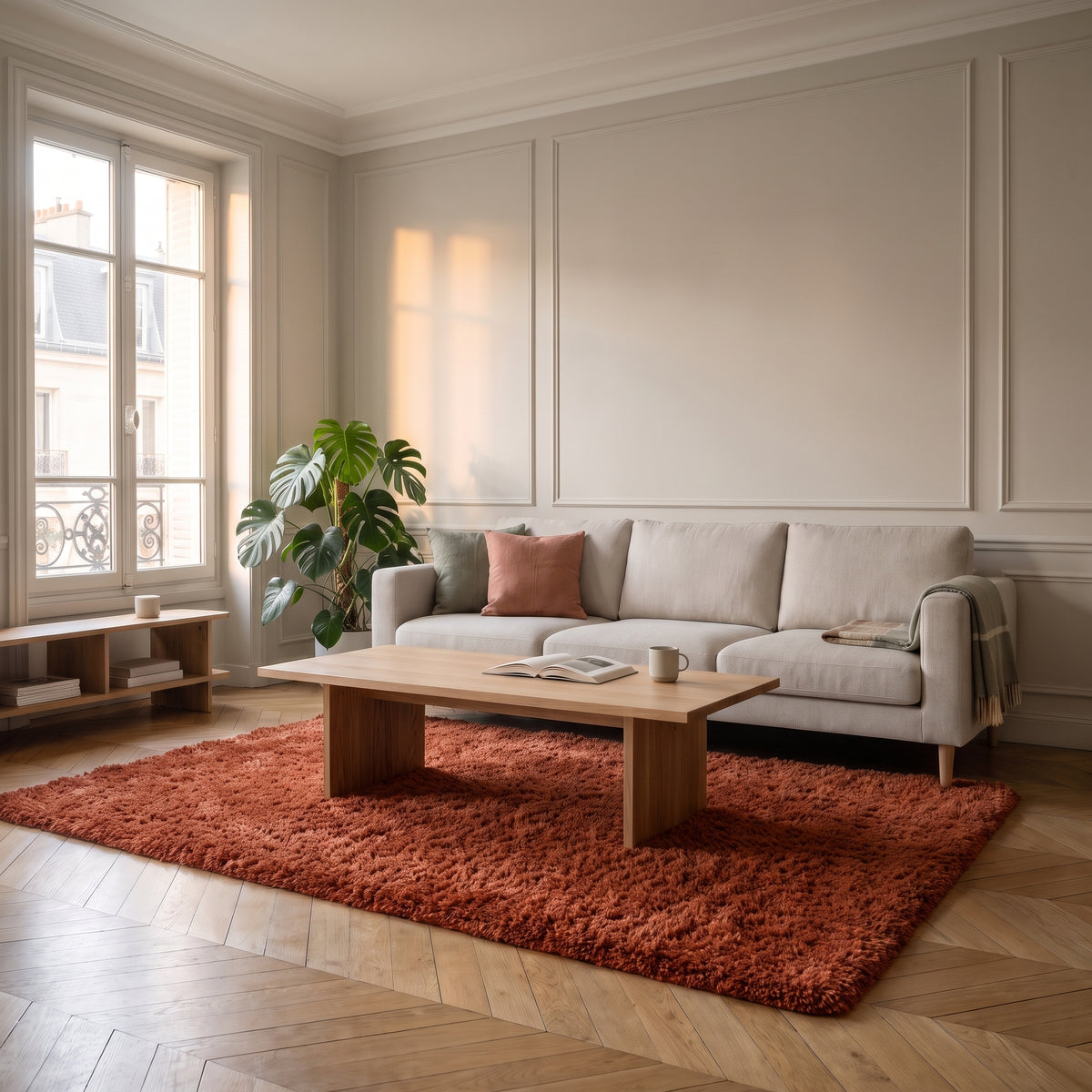 Grand tapis pelucheux nordique - salon - Marron